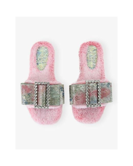 Kurt Geiger Pink Cosy Bow Faux-Fur Slides