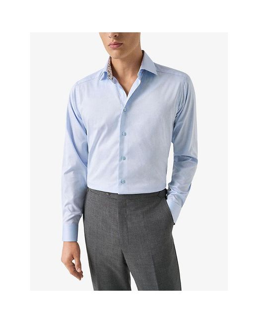 Eton of Sweden Blue Floral-Trim Contemporary-Fit Cotton-Twill Shirt for men