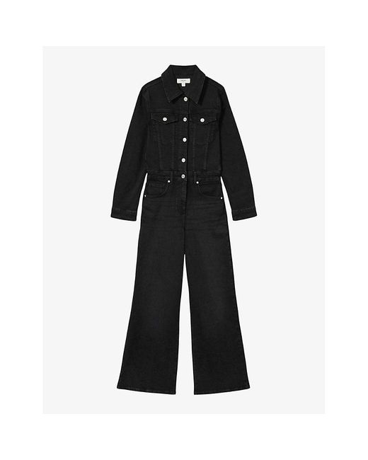 Reiss Black Celeste Wide-Leg Denim Jumpsuit