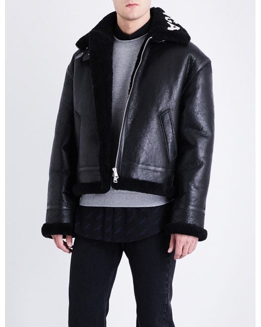 Balenciaga Black Logo-print Leather And Shearling Jacket for men