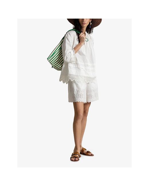 Polo Ralph Lauren White Crochet-Hem Relaxed-Fit Cotton Shirt