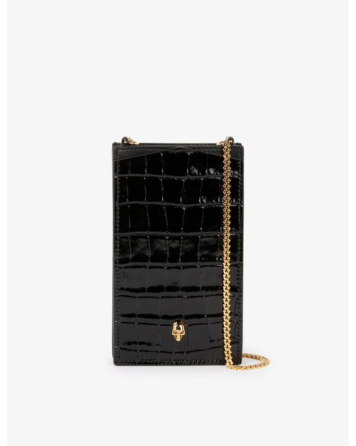 Alexander McQueen Skullembellished Crocembossed Leather Phone Case On