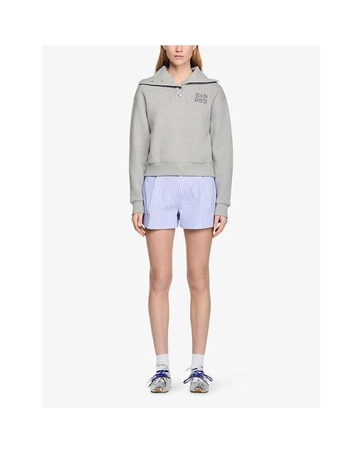 Sandro Gray Logo-Embroidered Split-Neck Cotton-Blend Sweatshirt