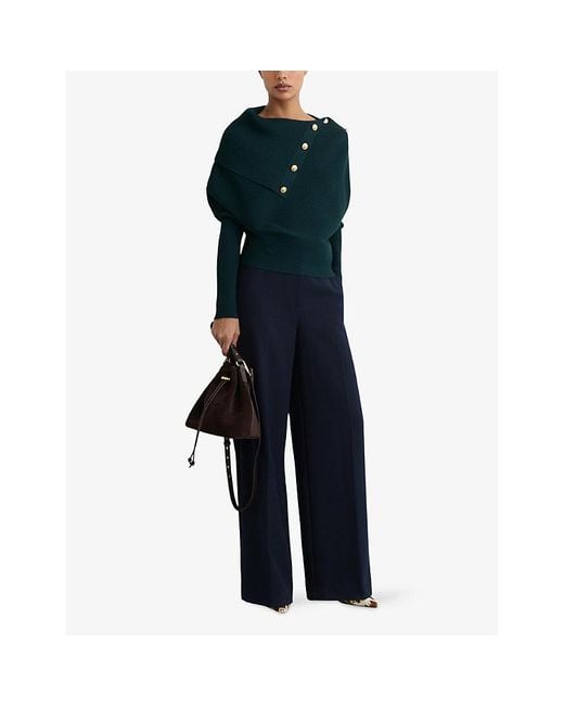 Reiss Green Lexi Shawl-Collar Button-Embellished Stretch-Knit Jumper
