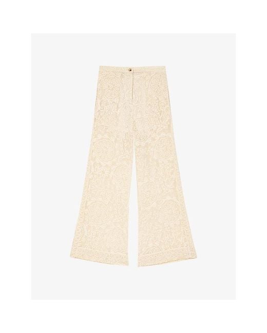 Maje Natural Flared Floral-Guipure Cotton Trousers