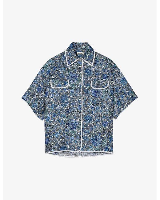 Sandro Blue Floral-print Relaxed-fit Silk Shirt