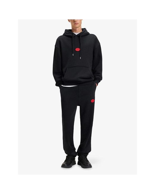 HUGO Black Branded Relaxed-Fit Cotton-Blend Hoody for men