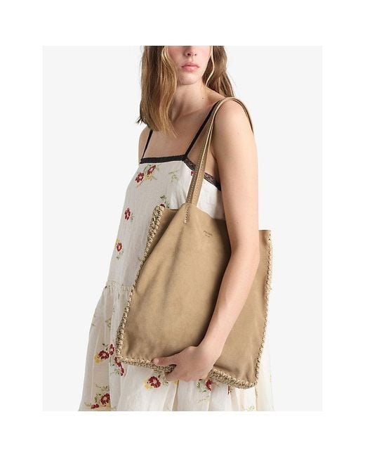 Prada Natural Logo-Print Large Suede And Crochet Tote Bag