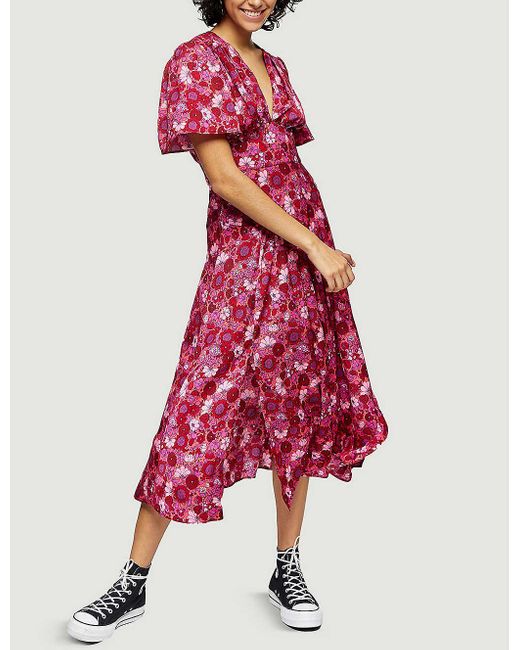 TOPSHOP Willow Pink Floral Print Angel Sleeve Midi Dress | Lyst Canada