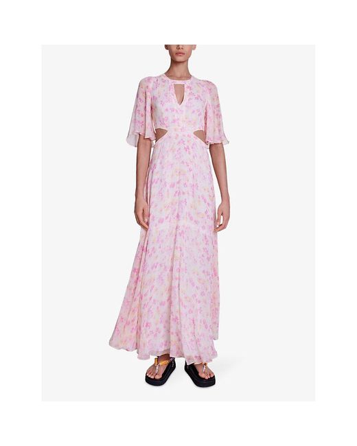 Maje Pink Floral-print Cut-out Woven Maxi Dress