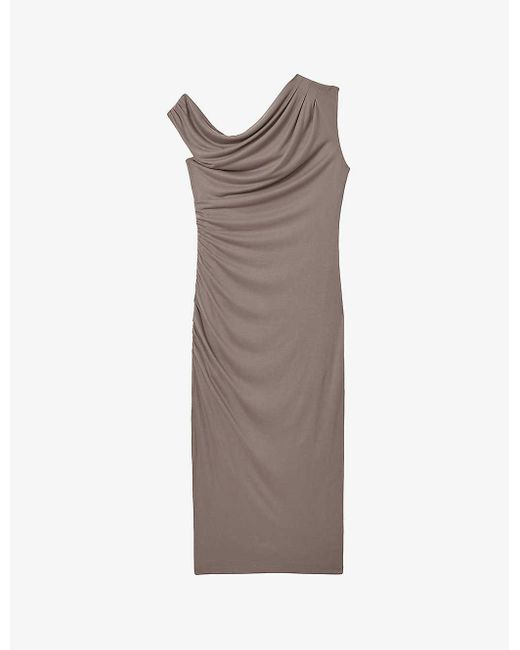 Reiss Brown Fern Ruched Woven Midi Dres