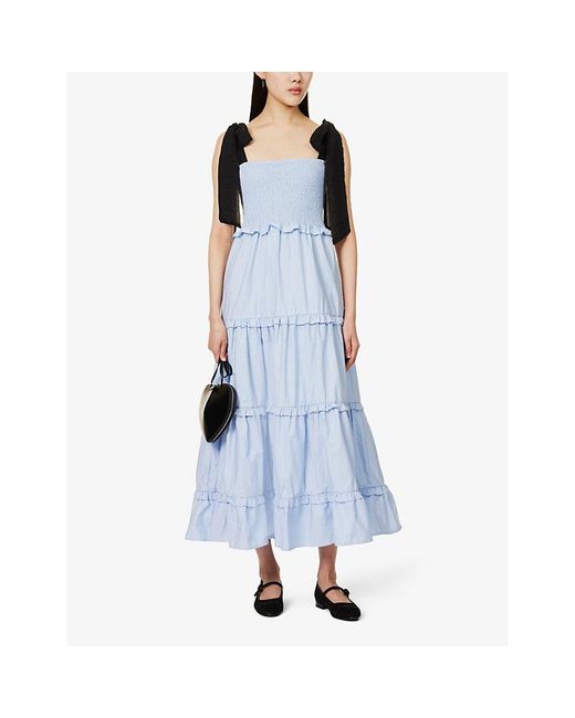 Sister Jane Blue Tiered-hem Cotton-blend Midi Dress