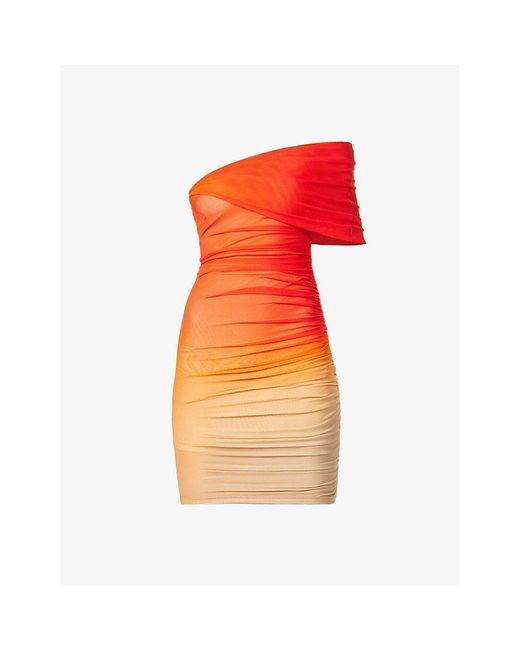 Mugler Red Gradient-print Asymmetric-hem Stretch-mesh Mini Dress