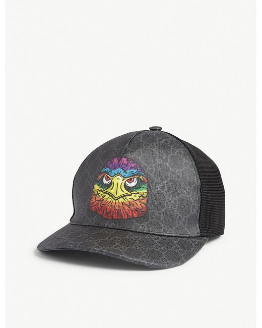 Gucci Black And Grey Gg Supreme Canvas Baseball Hat With Rainbow Colored Eagle Print for men