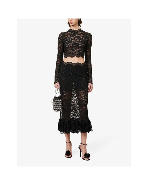 Rabanne Black Jupe Floral-embroidered Stretch-lace Midi Skirt