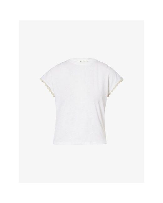 FRAME White Cap-Sleeve Scallop-Trim Cotton T-Shirt