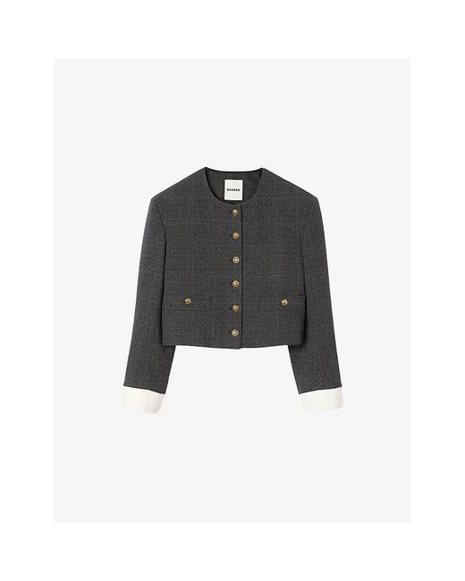 Sandro Black Rhinestone-Embellished Button-Down Stretch-Woven Jacket