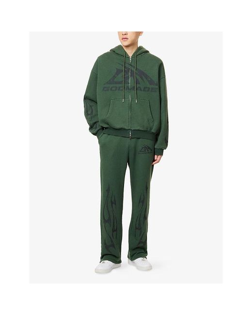 GODMADE Green Brand-Print Washed Cotton-Jersey Hoodie for men