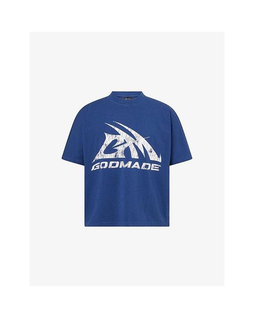 GODMADE Blue Logo-Print Oversized Cotton T-Shirt for men