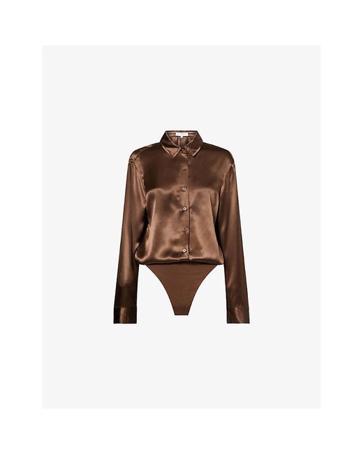 Abadia Brown Long-Sleeve Classic-Collar Satin Shirt