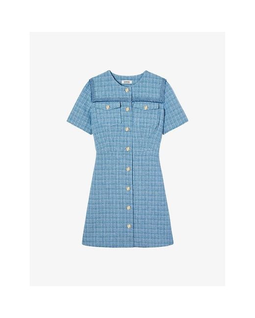 Sandro Blue Short Buttoned Tweed Dress