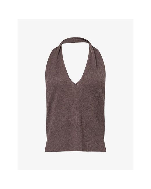St. Agni Brown Sleeveless Halter V-Neck Wool Top