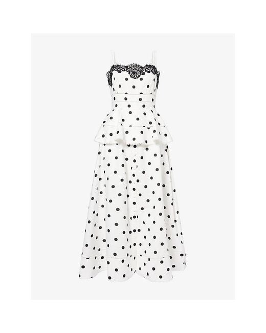 Self-Portrait White Polka-Dot Peplum-Waist Linen And Cotton Midi Dress