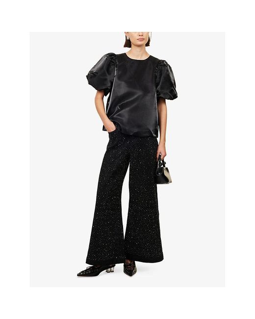 Amy Lynn Black Demi Diamante Wide-Leg Stretch-Denim Blend Jeans