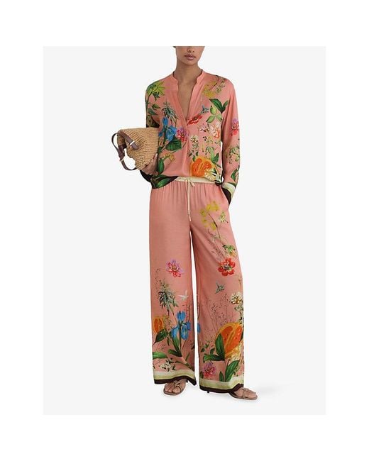 Reiss Pink Milos Tropical-Print Wide-Leg Woven Trousers