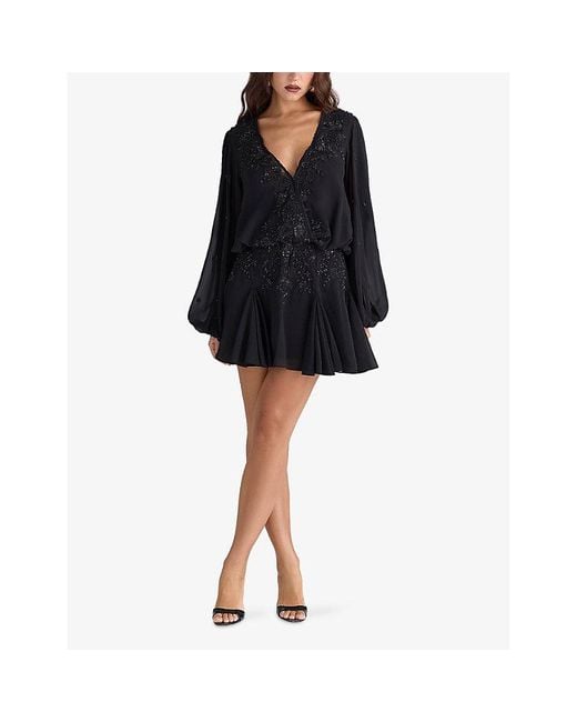 House Of Cb Black Gianna Hand-Beaded Woven Mini Dress