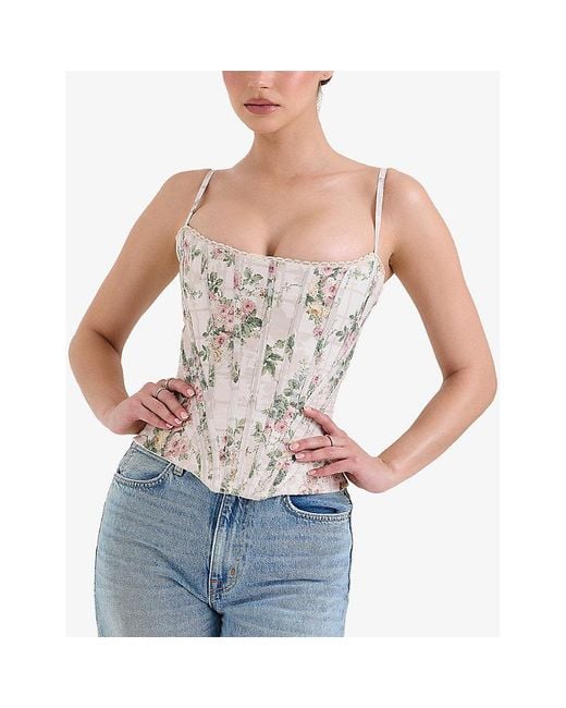 House Of Cb White Cadie Ribbon-Print Cotton Corset Top