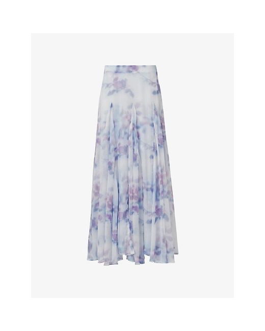 eem Blue Floral-Print High-Rise Chiffon Maxi Skirt