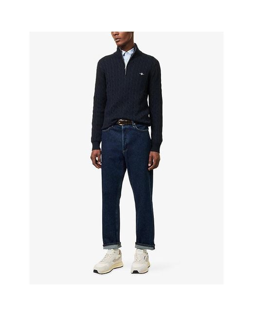 Gant Blue Logo-Embroidered Cable Half-Zip Cotton Jumper for men
