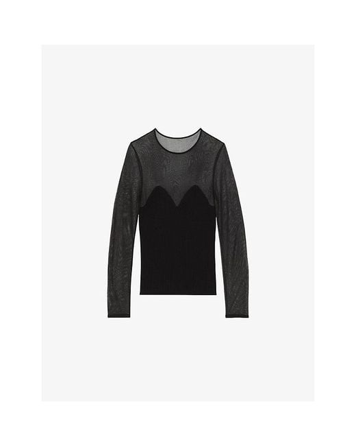 Reiss Black Margot Sweetheart-Neck Long-Sleeve Stretch-Mesh Top