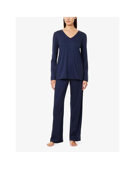 Hanro Blue Long-Sleeves Straight-Leg Cotton-Jersey Pyjama Set