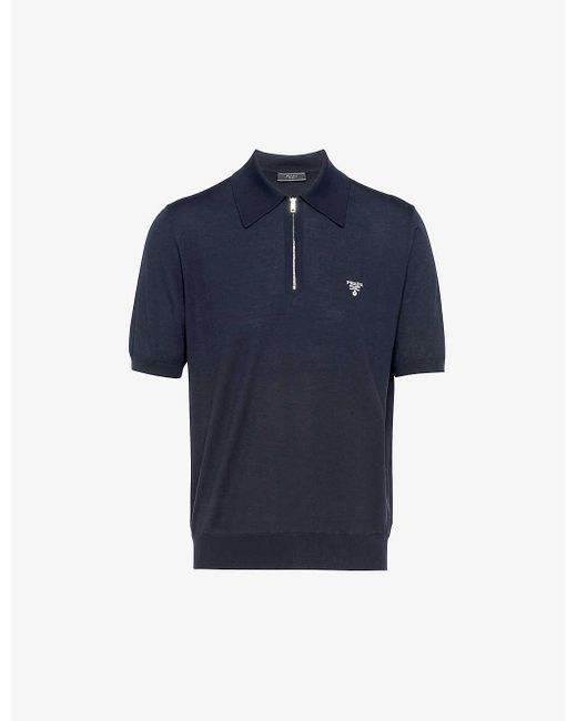 Prada Blue Logo-embroidered Short-sleeved Wool Polo Shirt for men