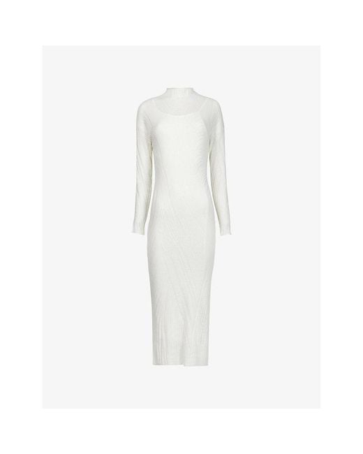 eem White High-Neck Jacquard-Knit Midi Dress
