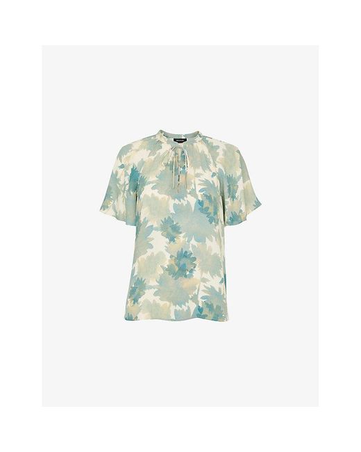 Whistles Green Tie-Neck Floral-Print Woven Blouse