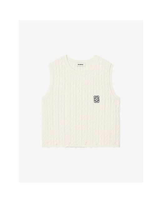 Sandro White Logo-embroidered Cable-knit Cotton And Wool-blend Top