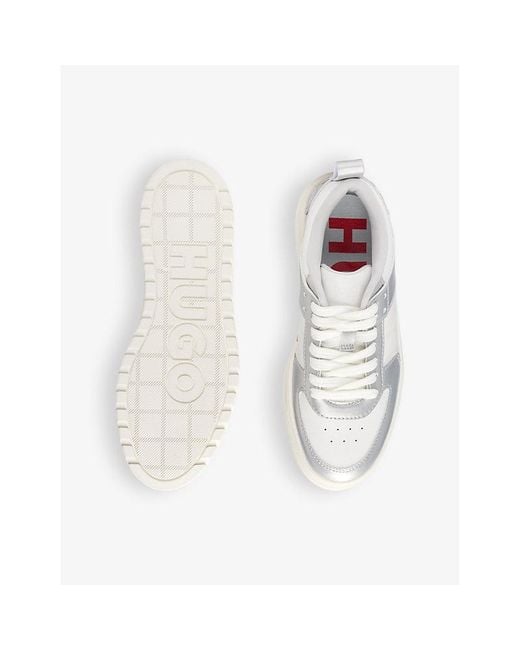 HUGO White Branded Metallic-Panel Faux-Leather Low-Top Trainers