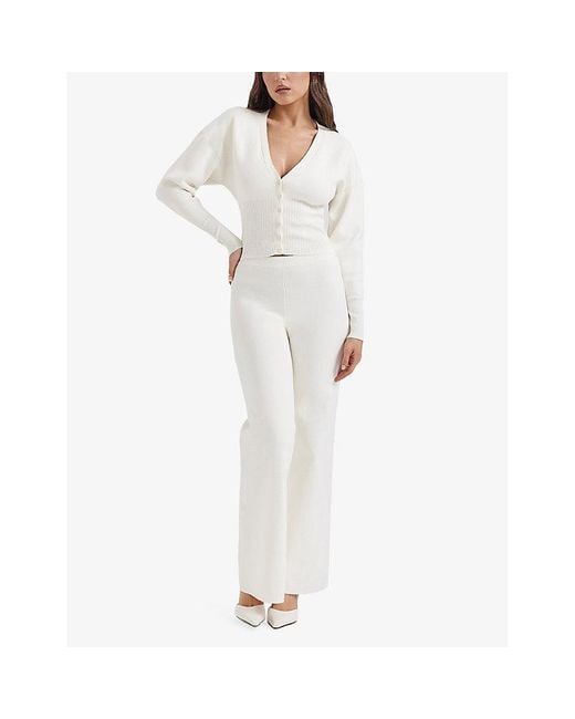 House Of Cb White Vanna Flared-hem Knitted Trousers
