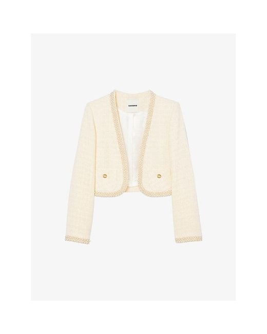 Sandro White Faux Pearl-embellished Tweed-textured Cotton-blend Jacket
