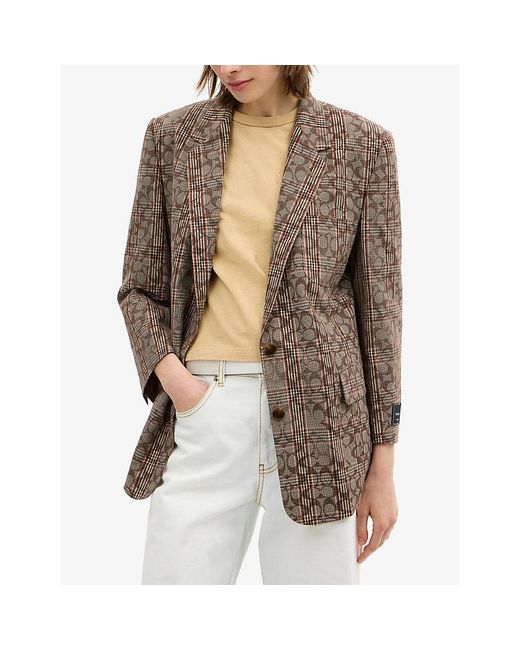 COACH Brown Signature C Plaid Single-Breasted Woven Blazer