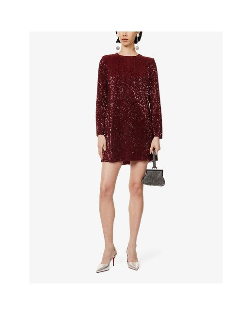 Stine Goya Red Sequin-Embellishment Long-Sleeves Recycled-Polyester Blend Mini Dress