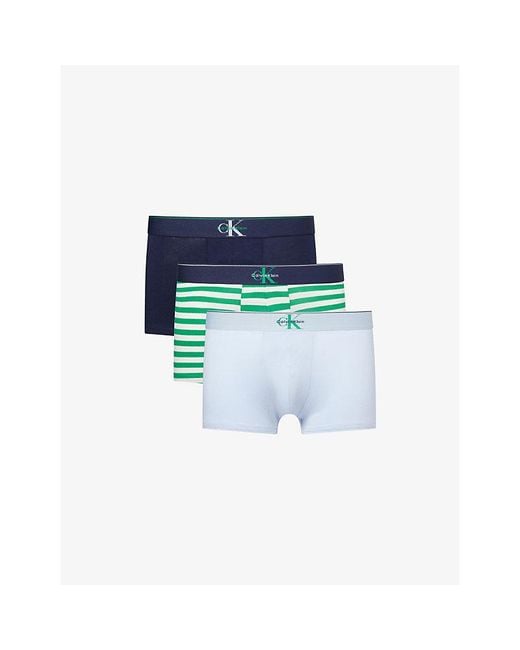 Calvin Klein Blue Archive Logo-Waistband Pack-Of-Three Stretch-Cotton Trunks for men