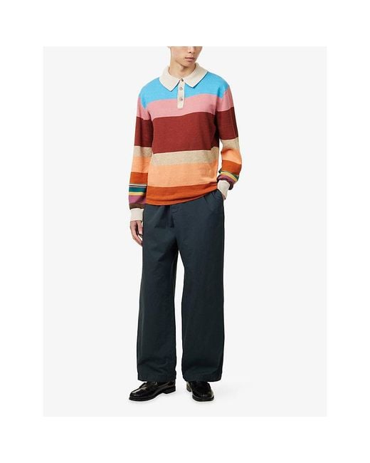 Paul Smith Blue Colour-Block Long-Sleeve Cotton And Linen-Blend Polo for men