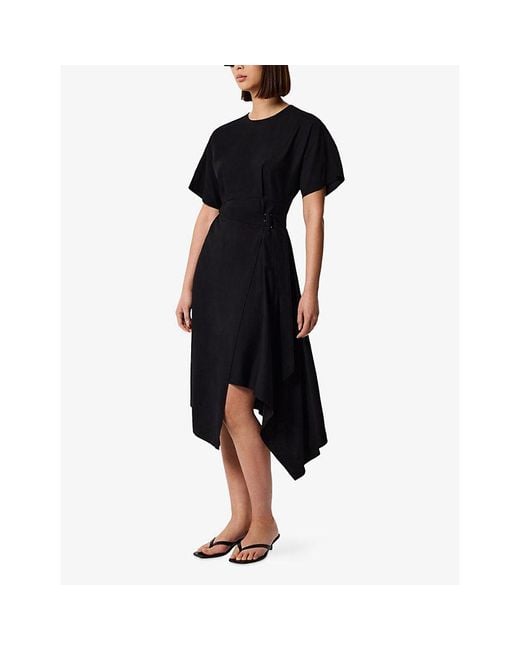 Whistles Black Asymmetric Buckle-Embellished Woven Midi Dress