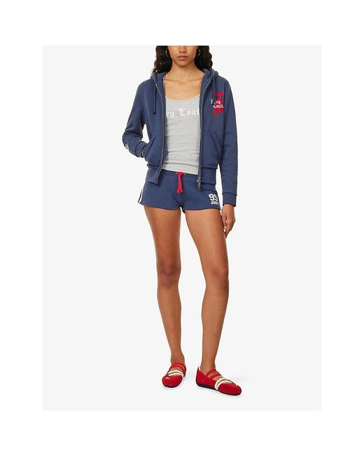 Juicy Couture Blue Brand-Print Stripe-Trim Cotton-Fleece Track Shorts