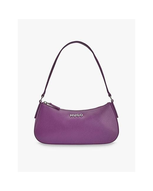 HUGO Purple Logo-Plaque Croc-Embossed Leather Shoulder Bag