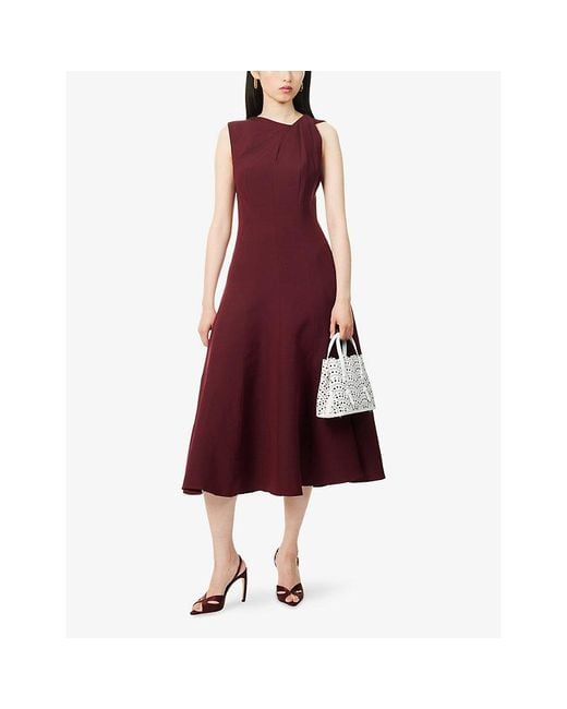 Roland Mouret Red Asymmetrical Twist Wool And Silk Blend Midi Dress